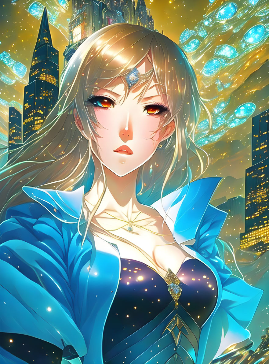 Blonde-haired female character in blue outfit with glowing gem on forehead against cityscape backdrop