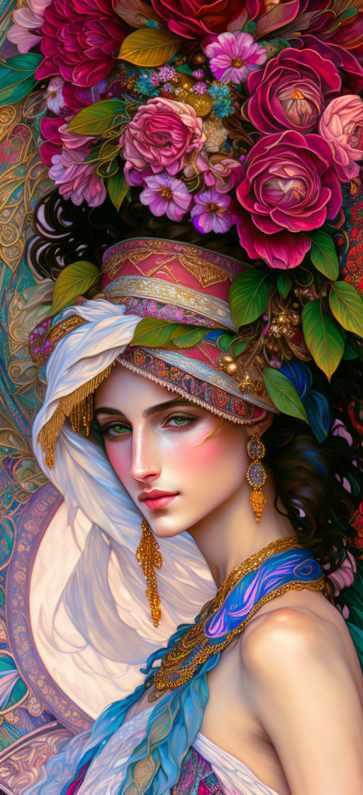 Detailed Illustration: Woman in Exotic Attire with Headwrap, Surrounded by Lush Flowers