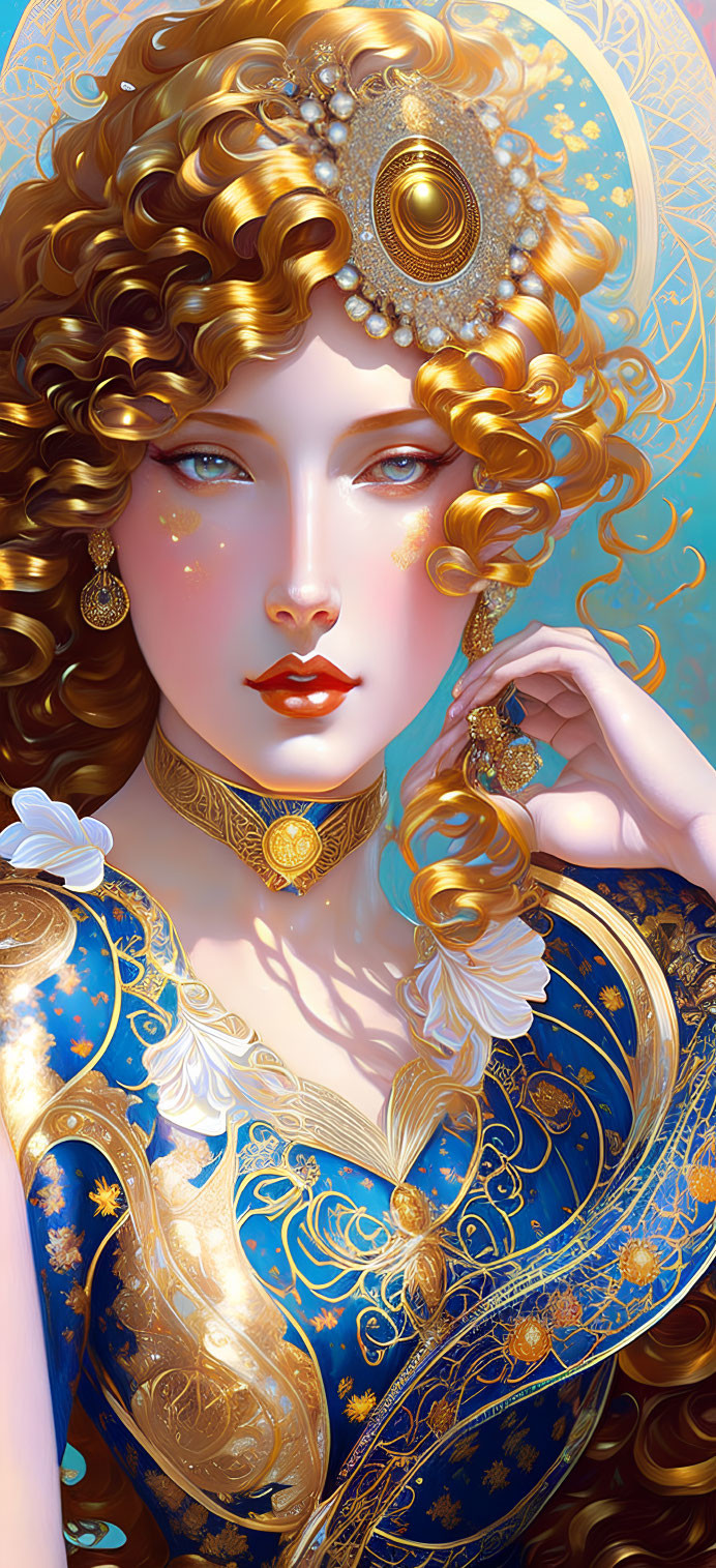 Illustration of woman with curly golden hair in blue and gold dress