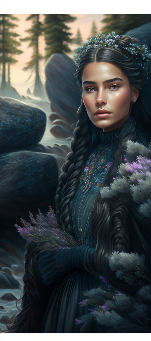 Fantasy portrait of woman with braided hair, crown, flowers in misty forest