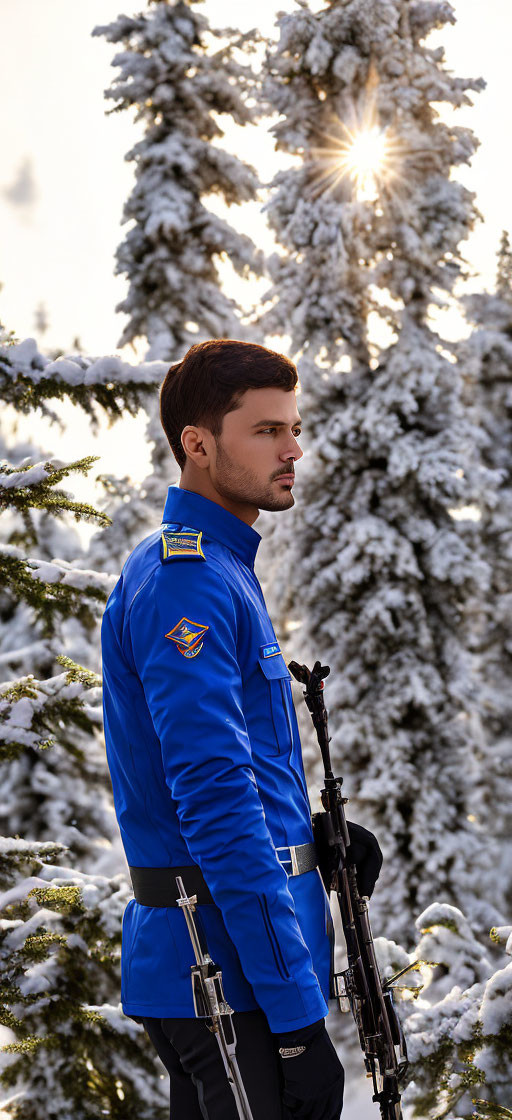 Man in Blue Ski Jacket with Poles in Snowy Pine Tree Setting