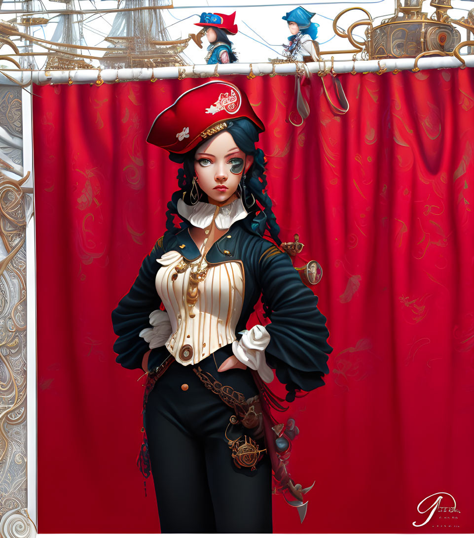 Female pirate illustration with red captain's hat and ornate jacket.