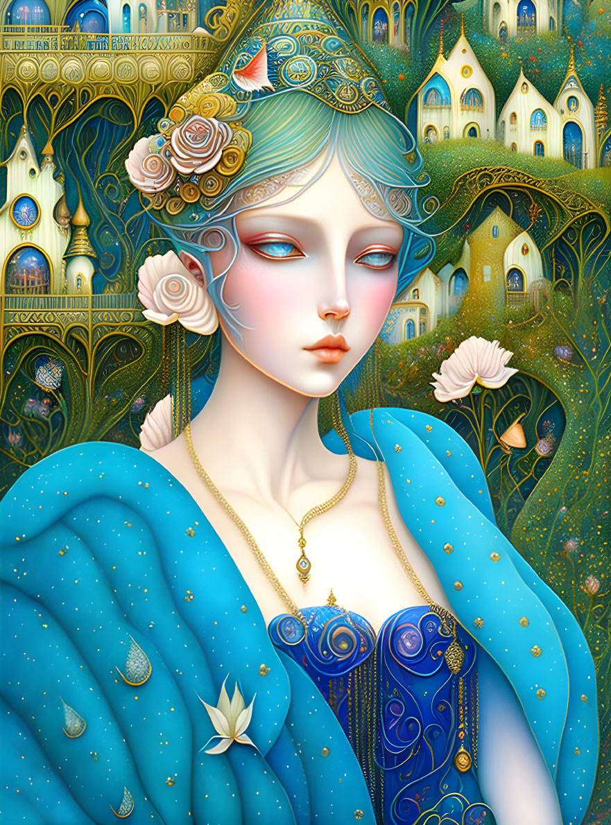 Whimsical female figure with blue skin and golden headpieces in fantastical setting