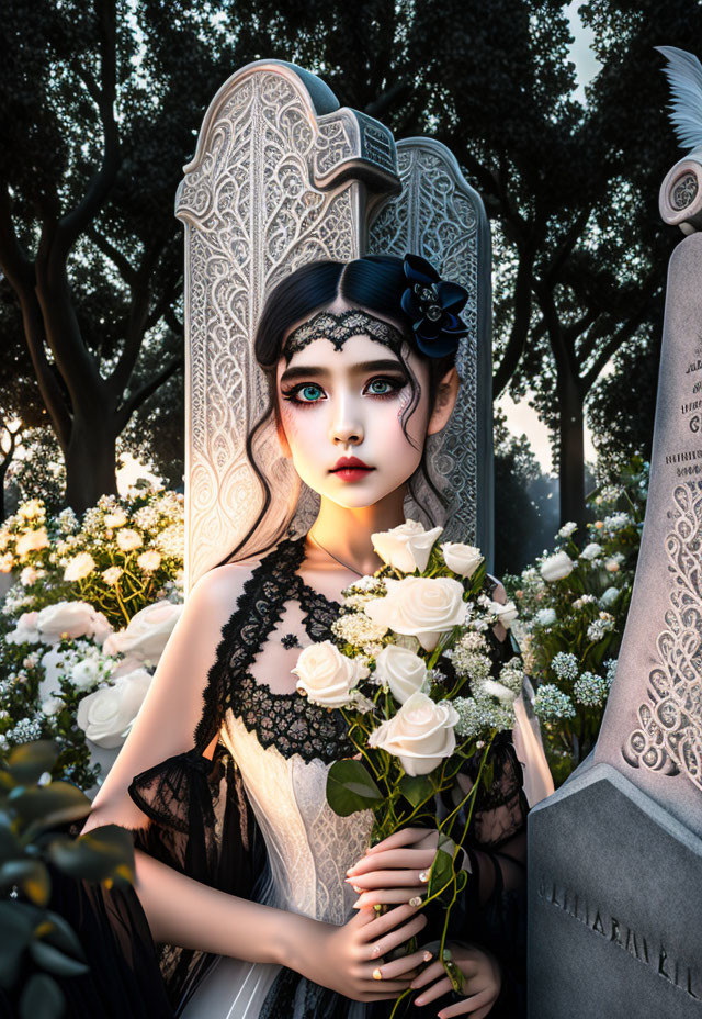 Gothic-style illustration of pale woman with striking makeup holding white roses by tombstones in twilight