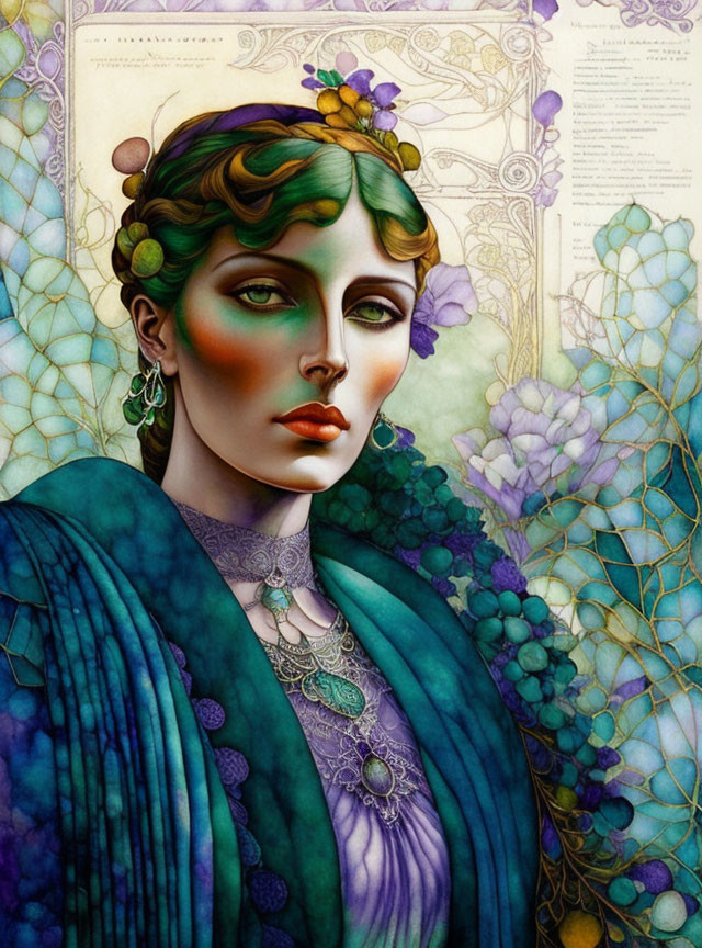 Detailed illustration: Woman with green hair, teal shawl, purple floral dress on patterned background.