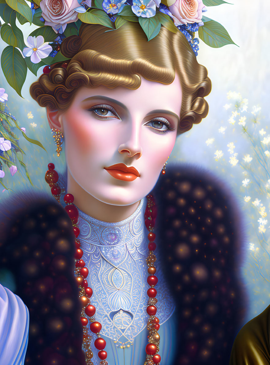 Vintage-inspired digital portrait of a woman with blue flowers, lace collar, red earrings, and fur sh