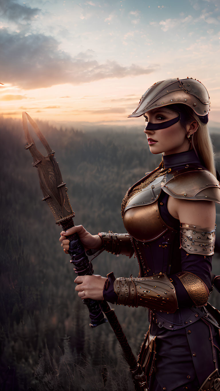 Detailed Medieval Armor Woman Holding Sword in Sunset Forest Scene