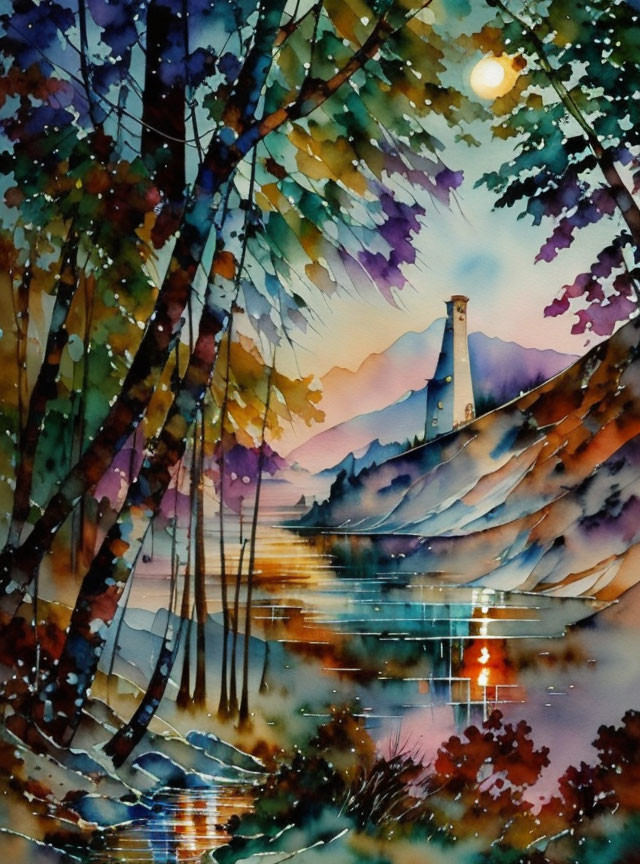 Moonlit lake watercolor painting with trees, chimney, and vibrant hues