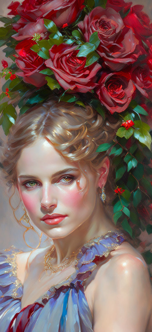 Blonde Woman Portrait with Red Rose Crown and Blue Dress