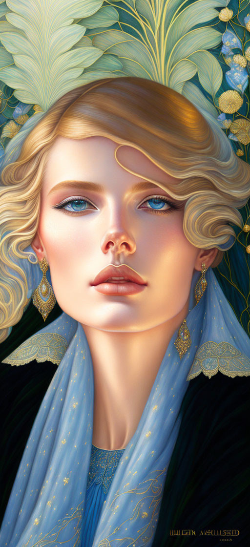 Illustrated portrait of woman with golden hair and blue eyes in blue scarf with gold embroidery, surrounded by