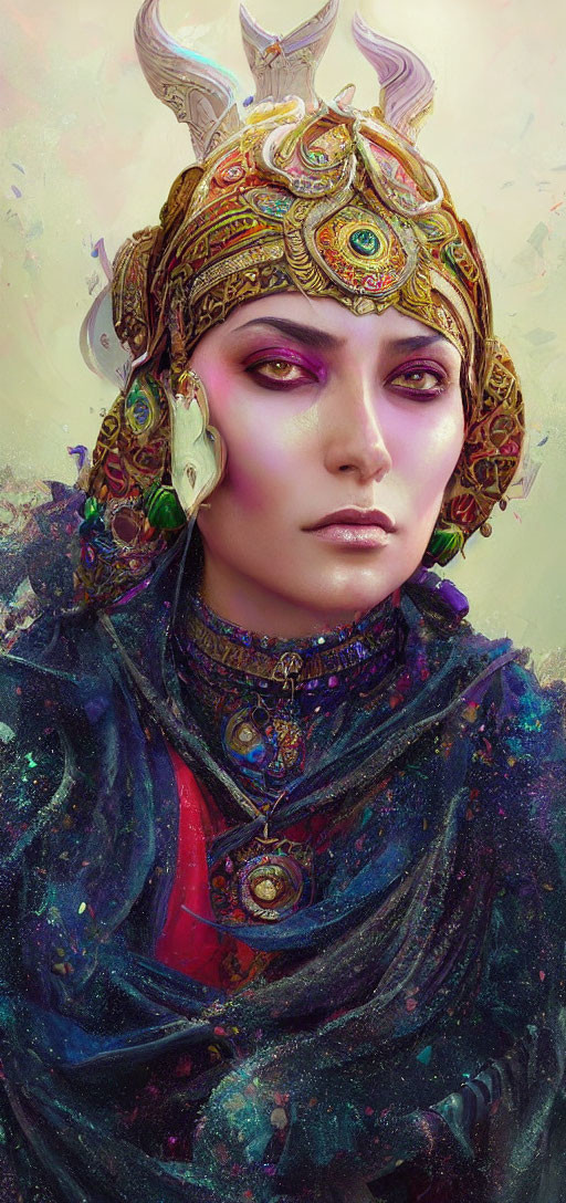 Vibrant purple-eyed person in ornate headdress on cosmic background