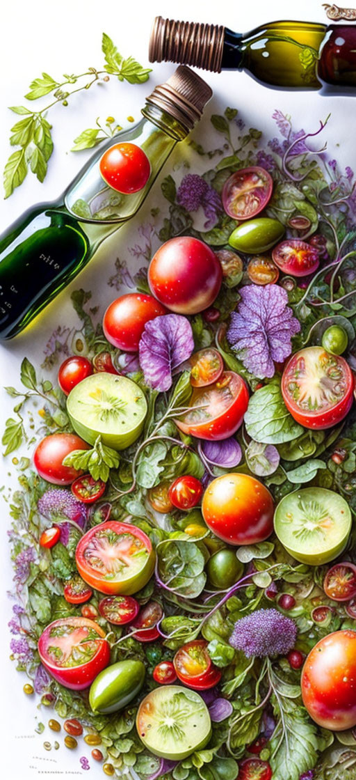 Colorful Fresh Vegetables and Herbs with Tilted Olive Oil Bottle