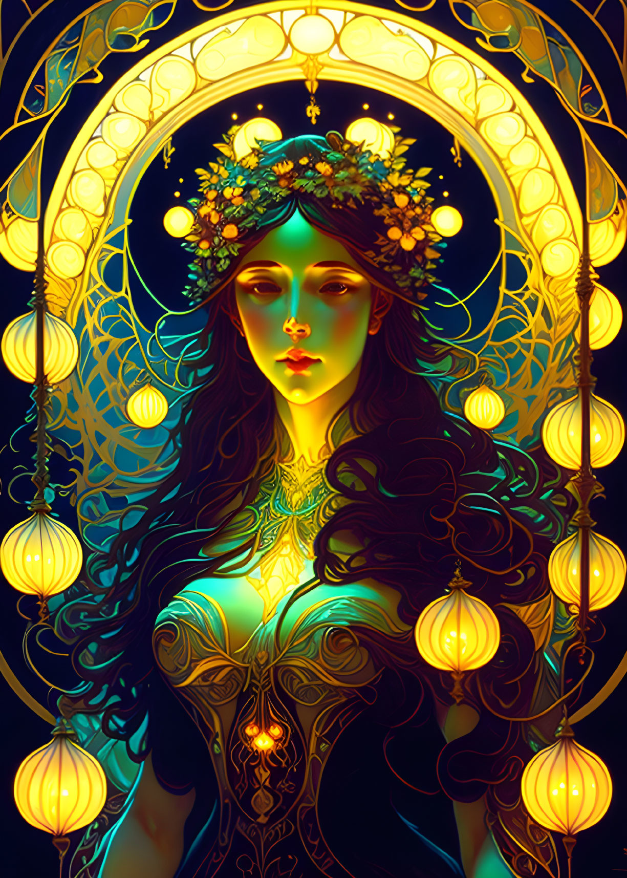 Illustrated fantasy woman with floral crown and lanterns in mystical setting