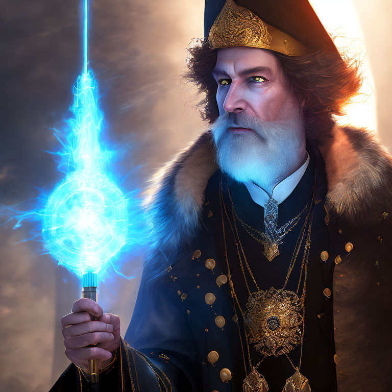 Majestic wizard with glowing blue staff and golden crown