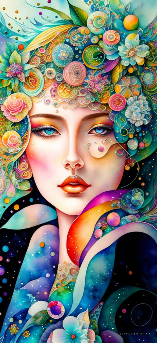 Colorful woman illustration with floral and cosmic motifs blending harmoniously.