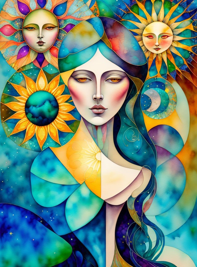 Colorful Artwork: Stylized Woman with Celestial and Floral Motifs