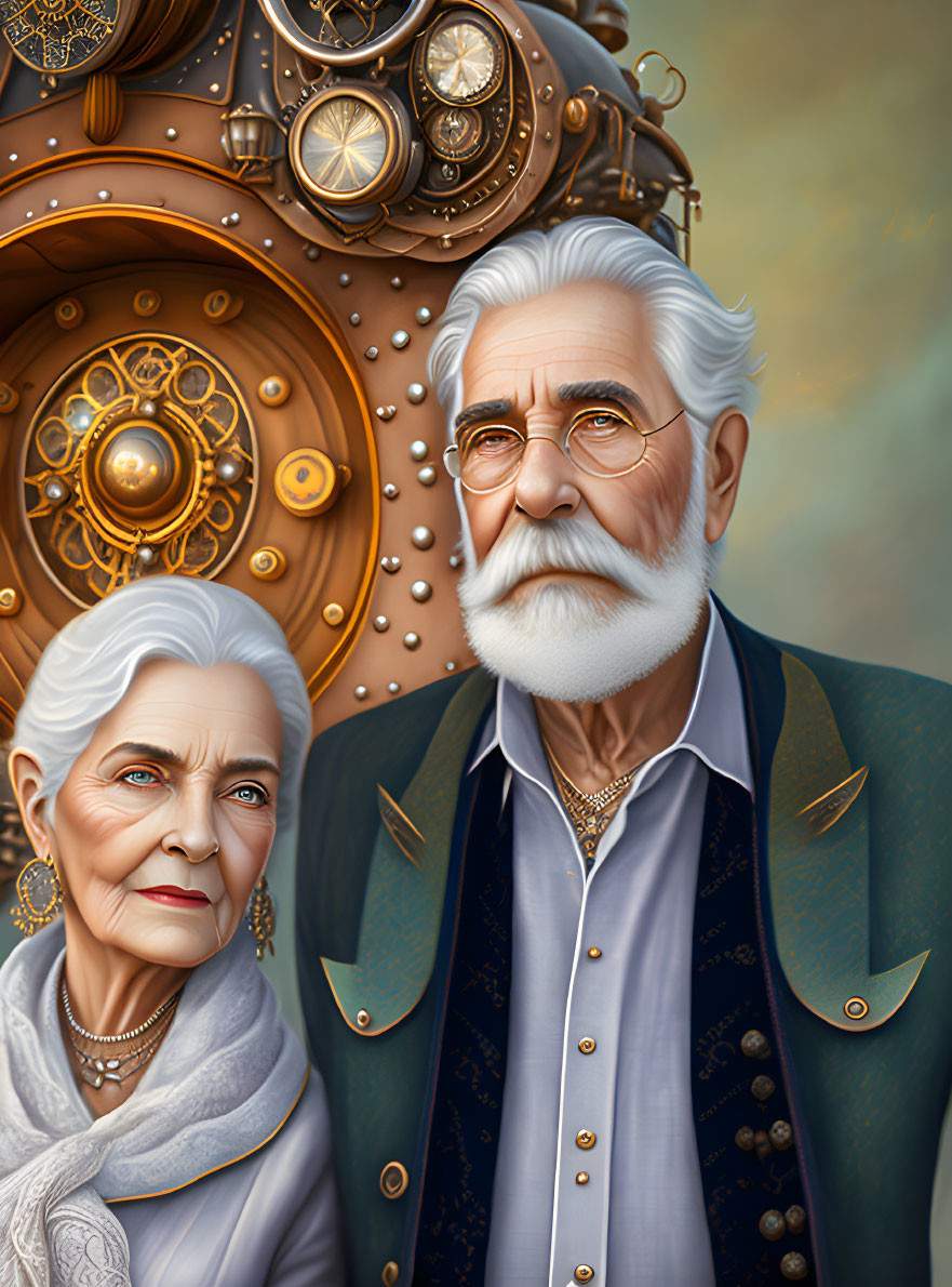 Elderly couple in steampunk attire with decorative gears