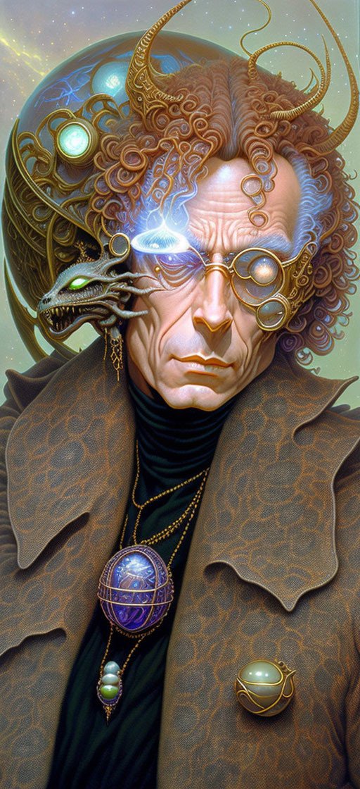 Man with Golden Glasses and Energy Tendrils, Reptilian Creature on Shoulder