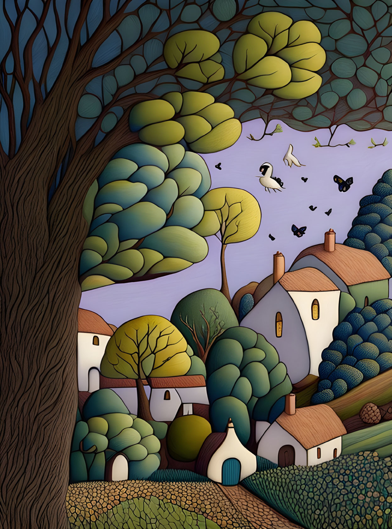 Whimsical village illustration with sunset hues & quaint elements