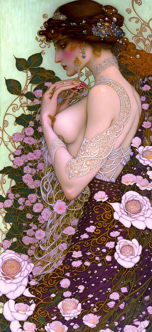 Art Nouveau Style Illustration of Woman with Flowing Hair and Ornate Floral Back