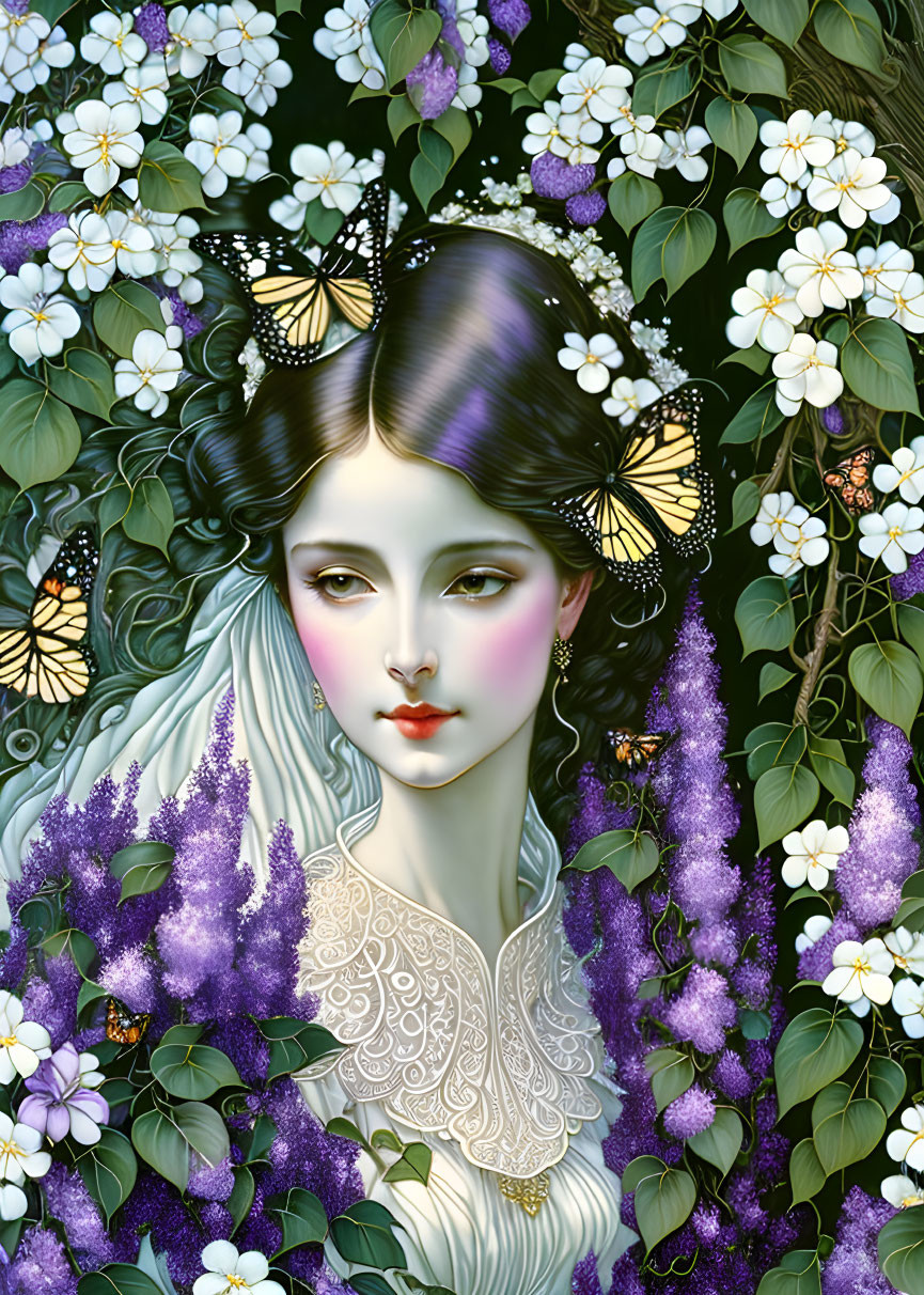 A beautiful girl with a bouquet of lilacs, butterf