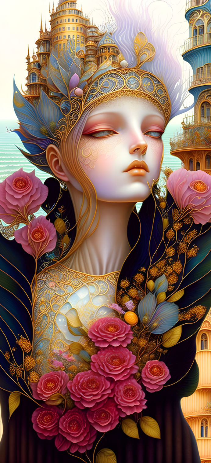 Illustrated portrait of a serene woman with fantasy elements and intricate details.