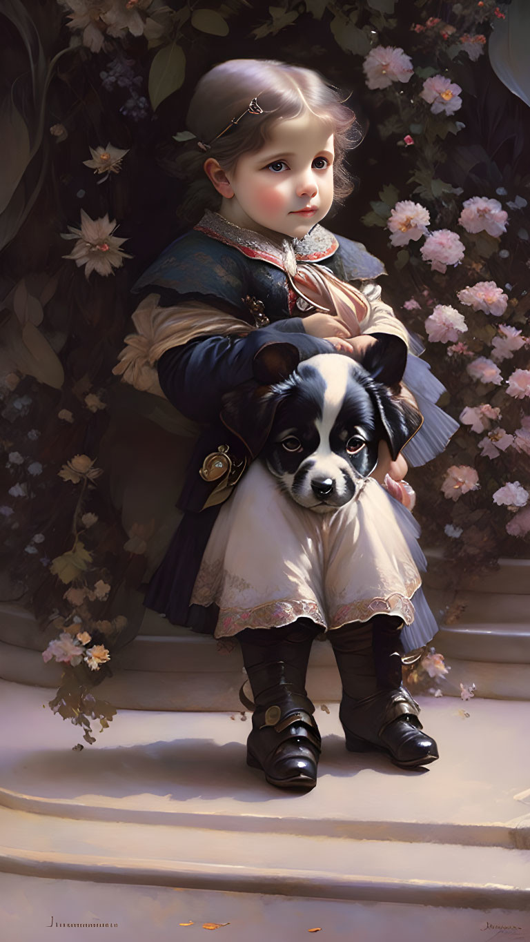 Child in vintage attire with black and white puppy among flowers