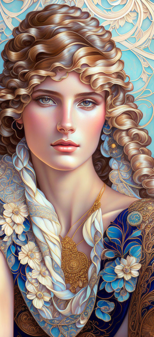 Portrait of a woman with curly hair, blue eyes, gold jewelry, and floral blue outfit