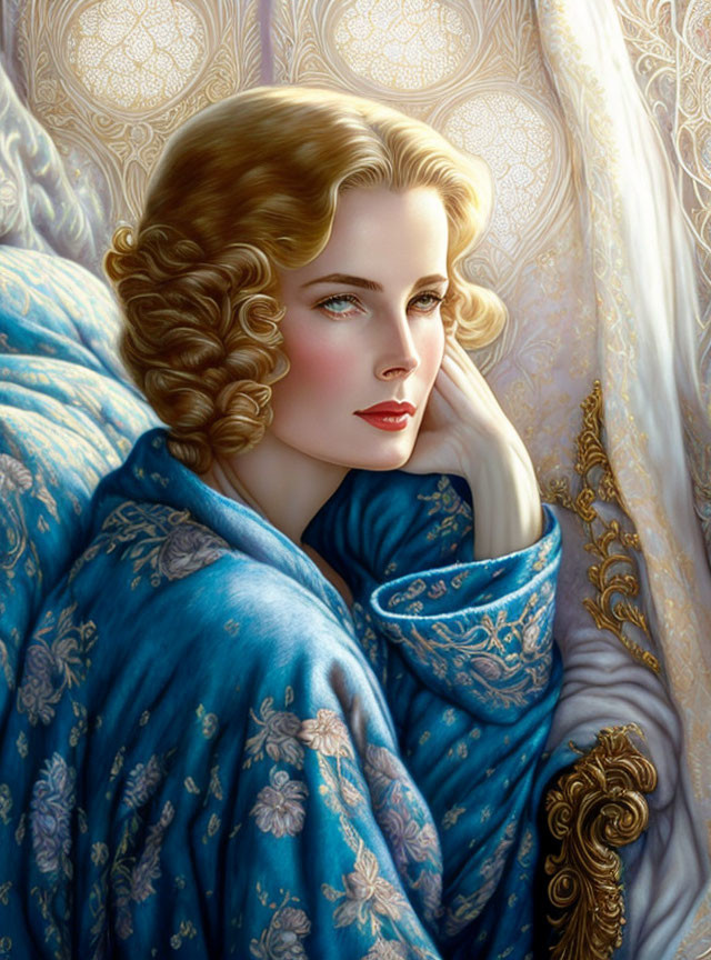 Illustrated portrait of woman with wavy blonde hair in blue cloak.