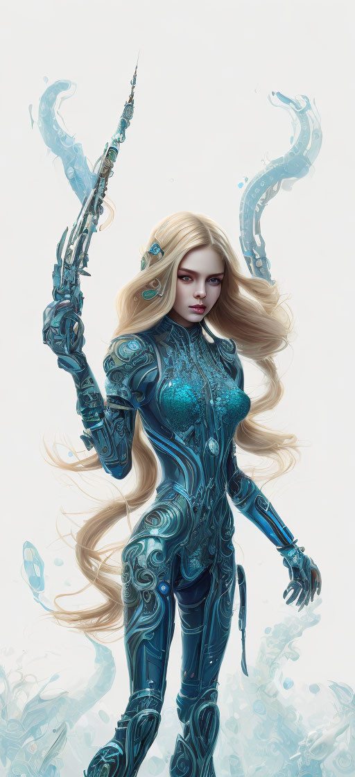 Female figure in blue cybernetic armor wields futuristic spear with flowing pale hair and ethereal blue