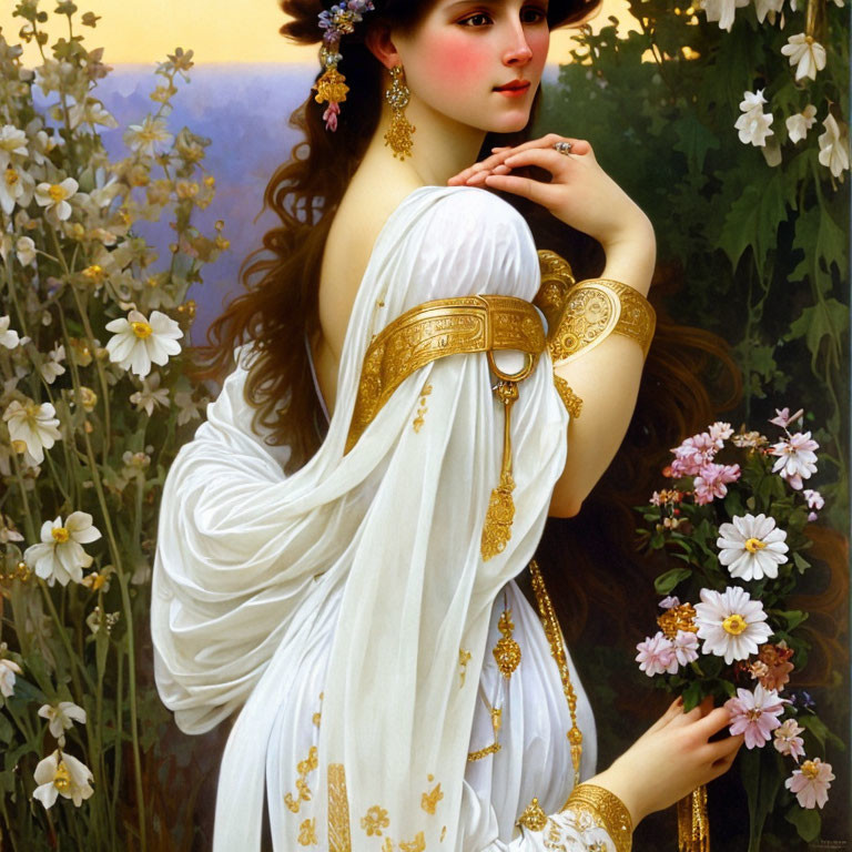 Classical painting of woman in gold belt with white flowers and serene backdrop