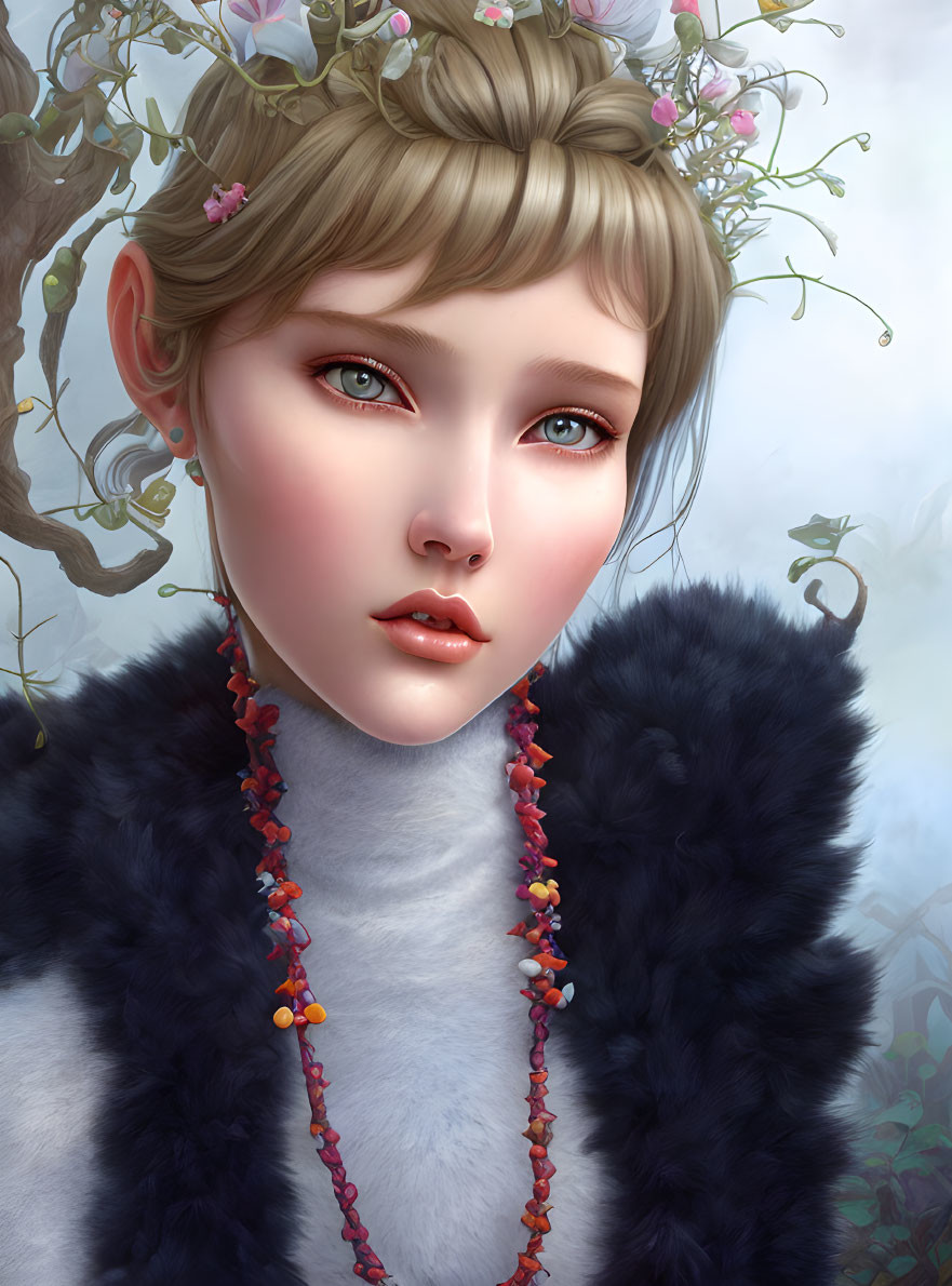 Digital portrait of woman with large red eyes, floral crown, blue fur coat, red berry necklace