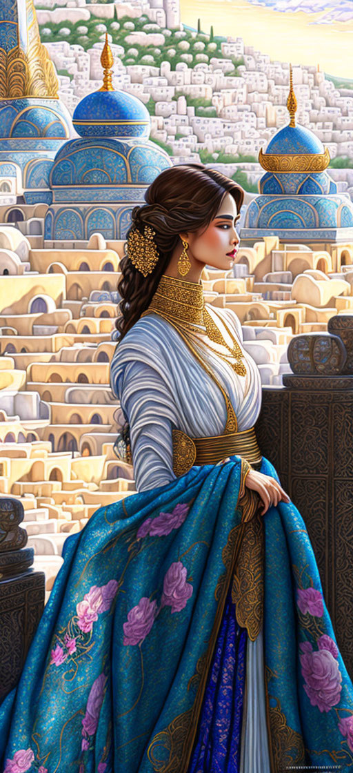 Woman in ornate traditional attire with gold jewelry overlooking city with domed architecture.