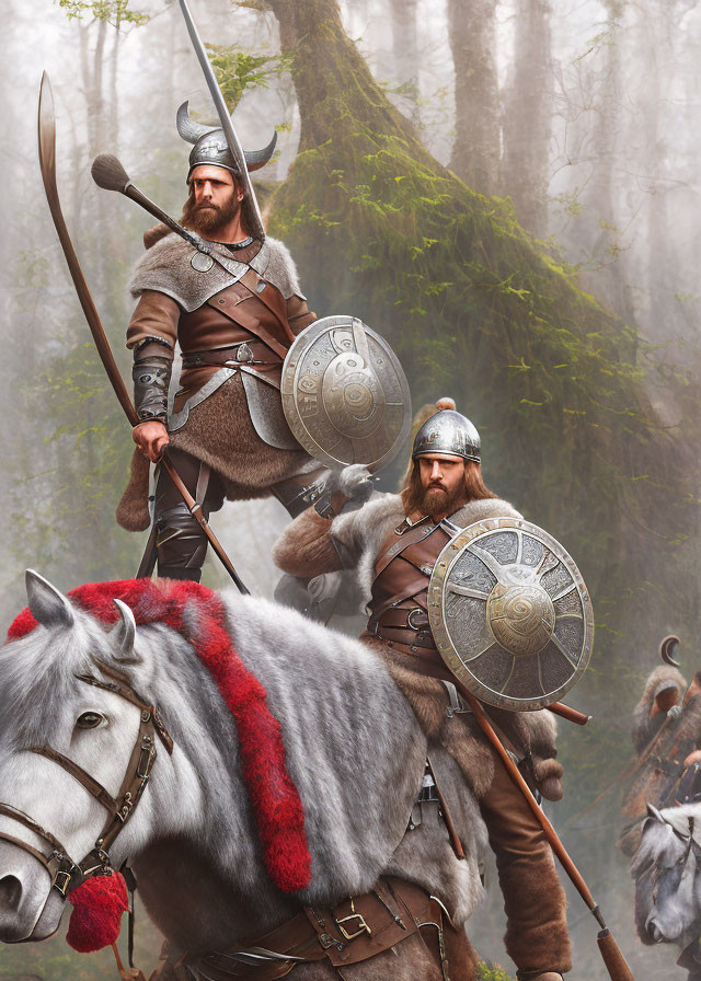 Medieval warriors on horseback with shields and spears in misty woodland