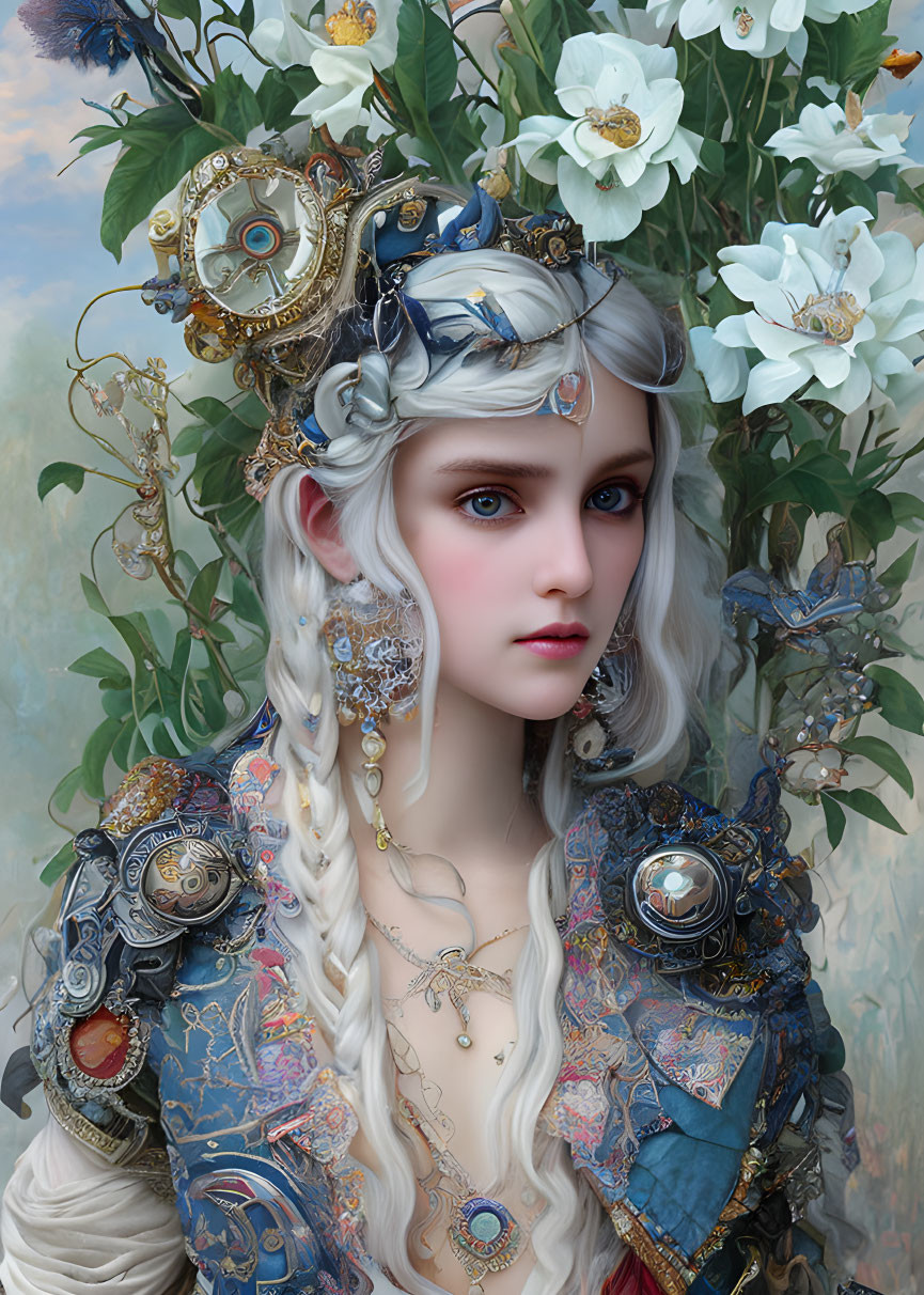 Fantasy-themed portrait of a woman with white hair and ornate metallic headgear