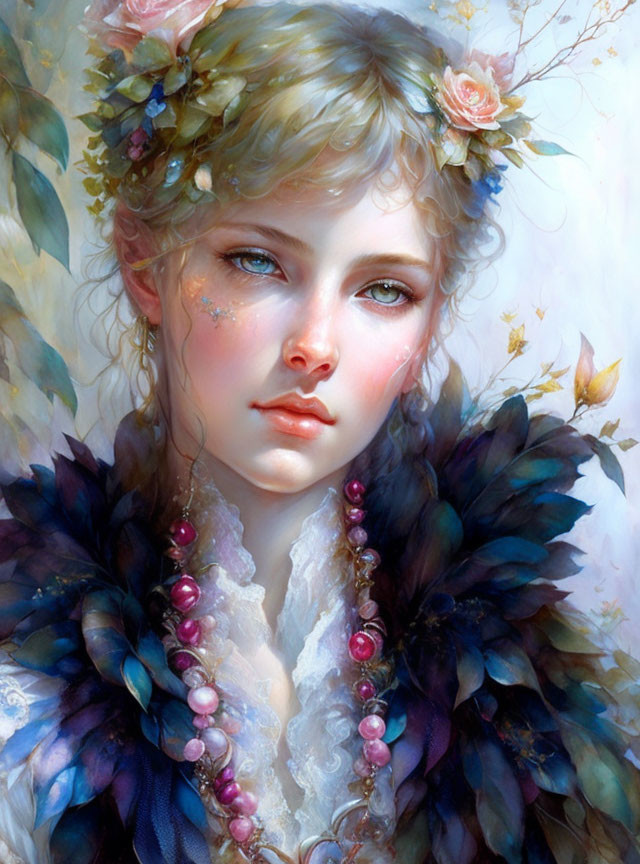 Young Woman Portrait with Floral Crown and Ethereal Vibe