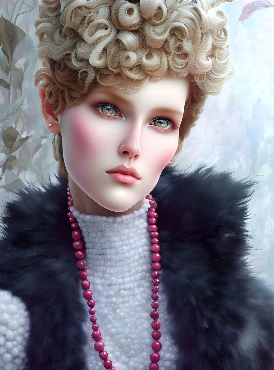 Blonde woman with green eyes in pearl necklace and fur collar