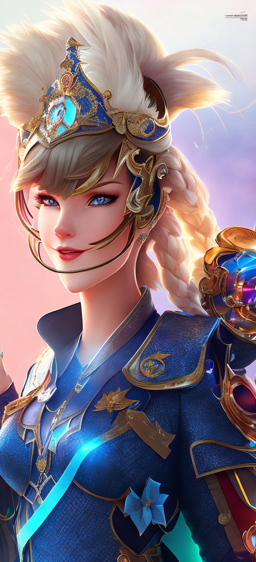 Female warrior digital illustration with blue eyes, golden-white hair, ornate blue and gold armor.