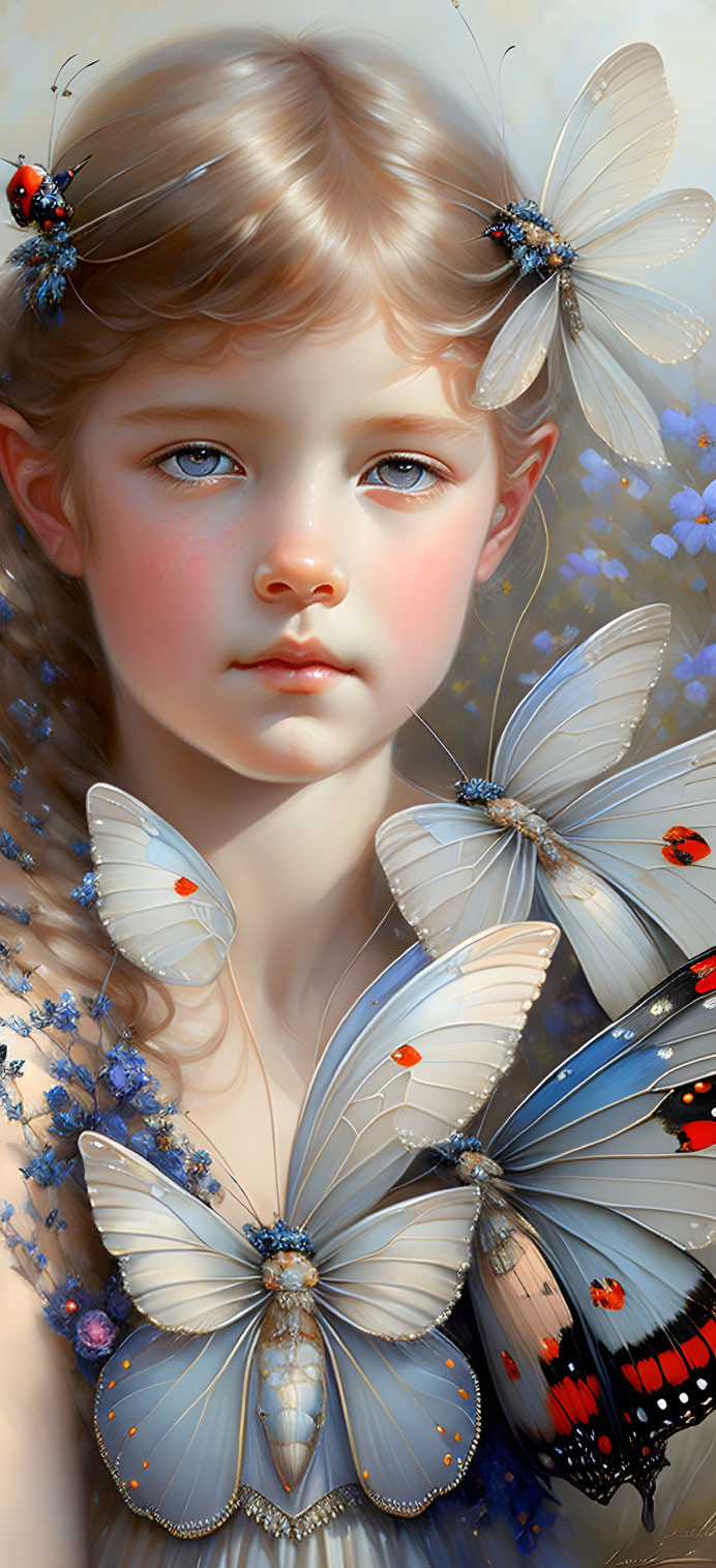 Young girl with blue eyes and blonde hair among butterflies and flowers in vivid digital painting