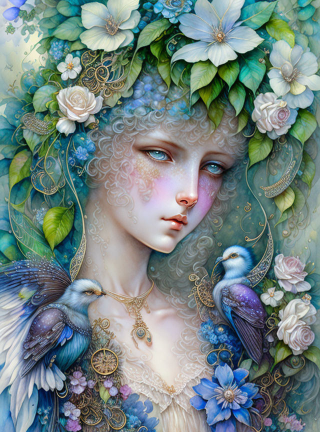 Fantasy-inspired portrait of a woman with floral and avian embellishments