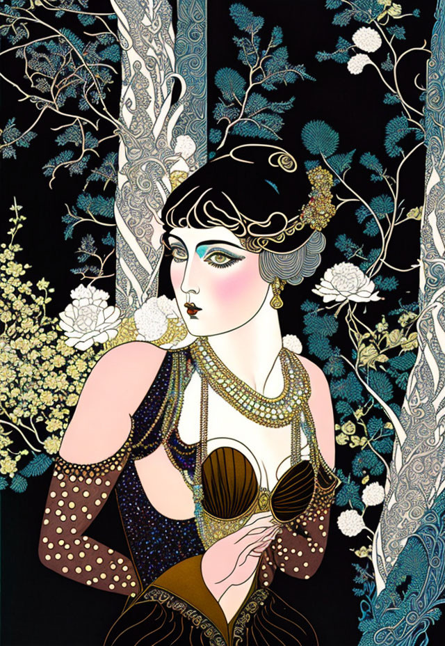 Art Nouveau Woman Illustration with Floral Background and Gold Accents