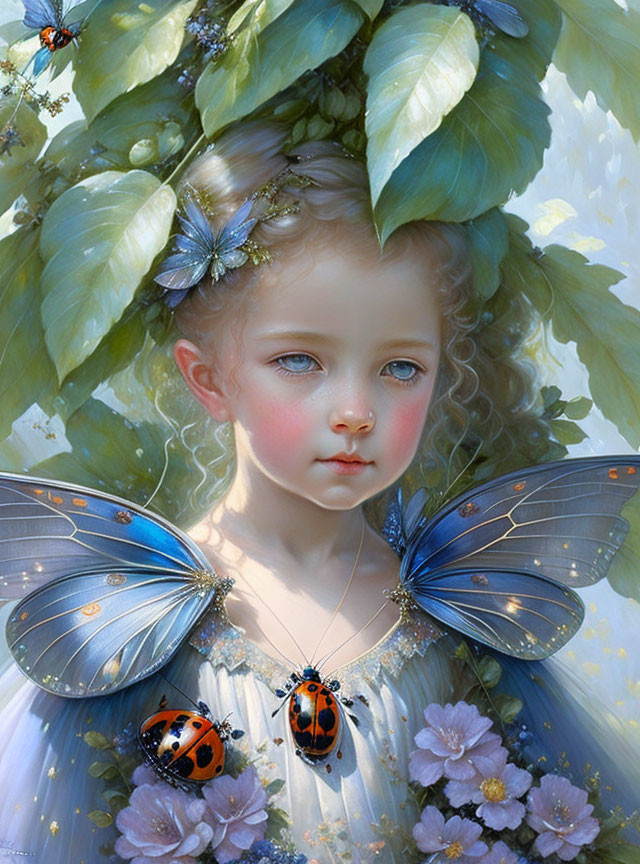 Young girl with nature-themed crown: Leaves, butterflies, ladybugs