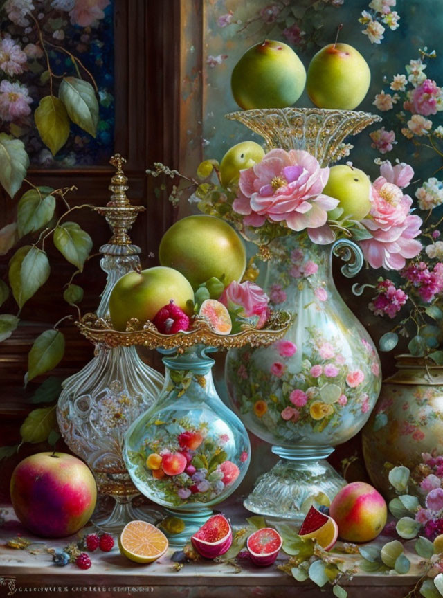 Vibrant still life painting with fruits, glassware, and floral backdrop