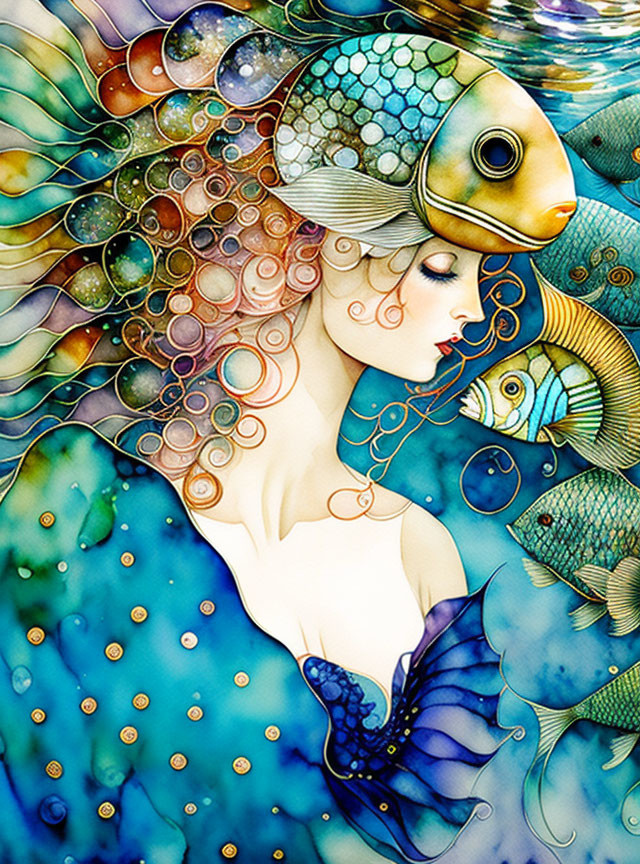 Vibrant Mermaid Artwork with Fish-Like Features and Marine Life