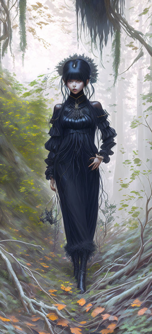 Gothic figure in dark dress among misty woods with headdress and autumn leaves