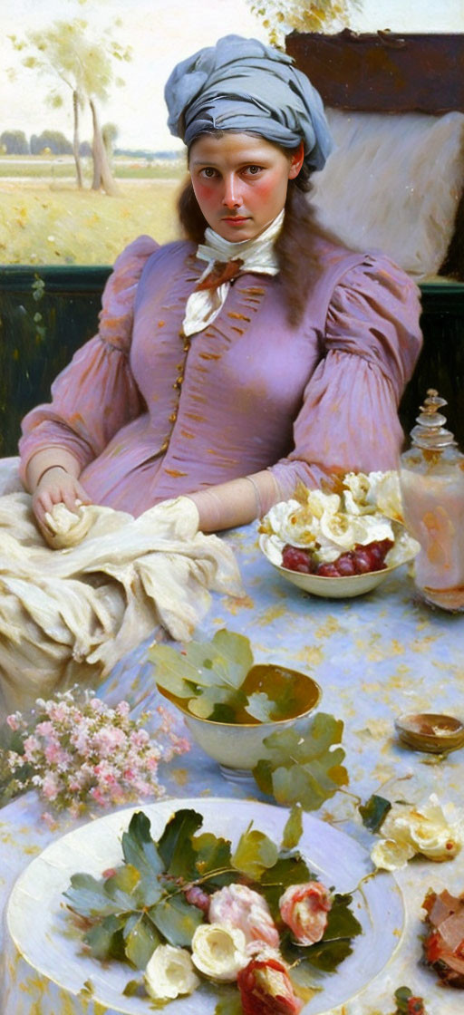 Historically dressed woman enjoying fruits and pastries outdoors