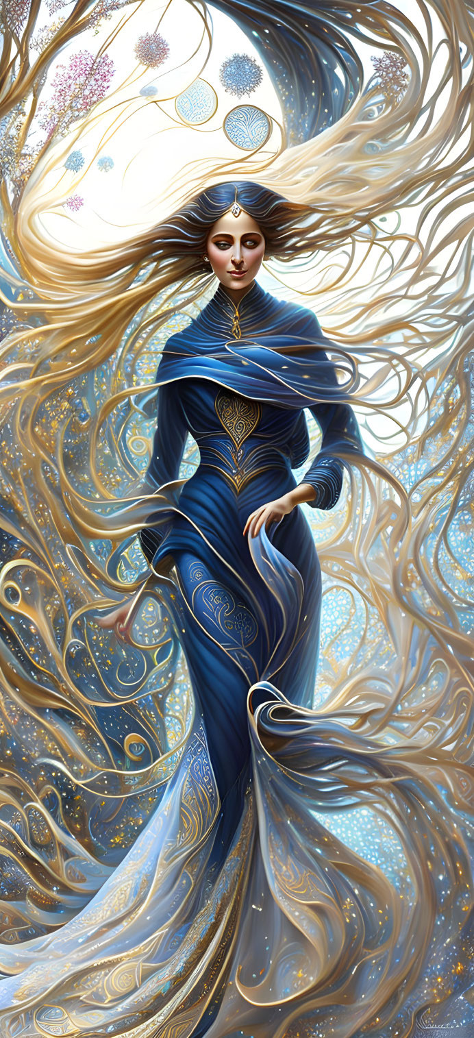 Blue embellished attire on elegant figure with swirling golden patterns and serene expression in dreamy backdrop