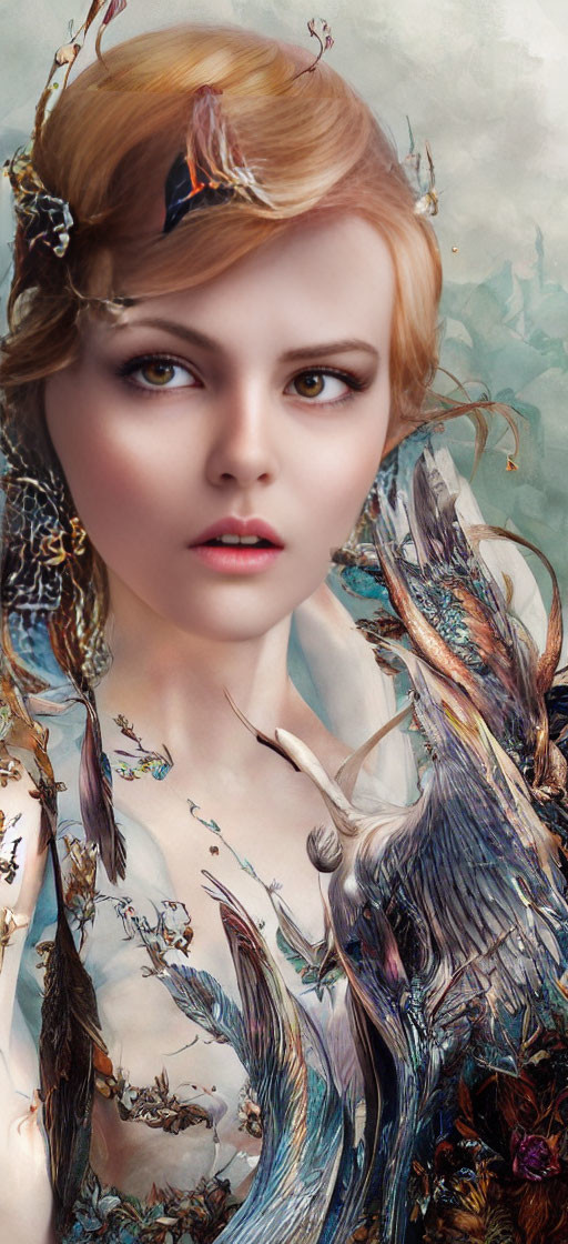 Woman portrait with fantastical bird-like creatures and surreal background