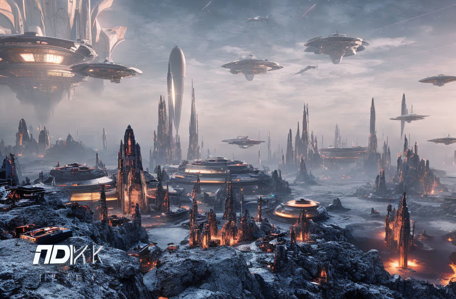 Futuristic cityscape with towering spires and volcanic terrain