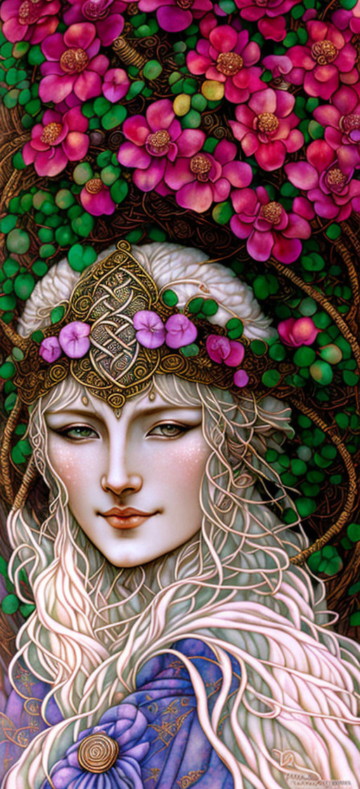 Ethereal woman with alabaster skin in golden headpiece among lush green foliage and pink flowers